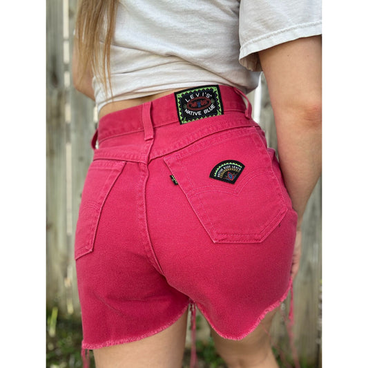 80's Levi's Native Blue Hot Pink Cut Off Raw Hem Denim Jean Shorts 9