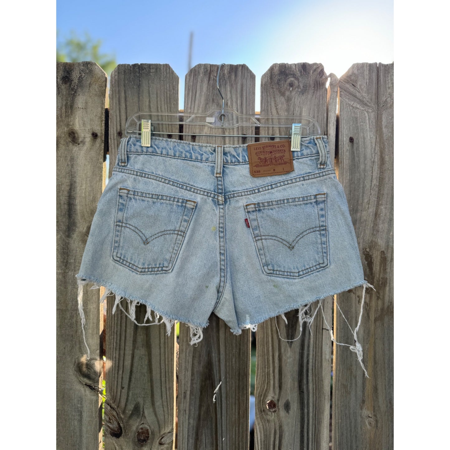 90's Levi's 538 Hiphugger Light Wash Cut Off Raw Hem Denim Shorts 29