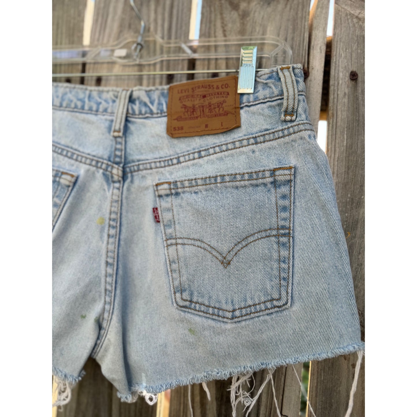 90's Levi's 538 Hiphugger Light Wash Cut Off Raw Hem Denim Shorts 29