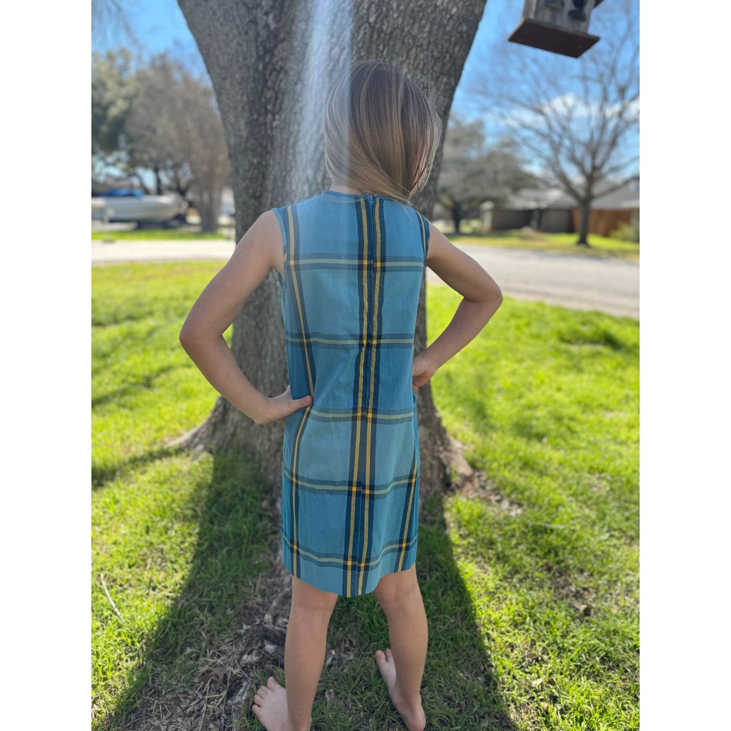 70's Carol Evans Pennys Girl's Blue Plaid Sleeveless Shift Dress 10