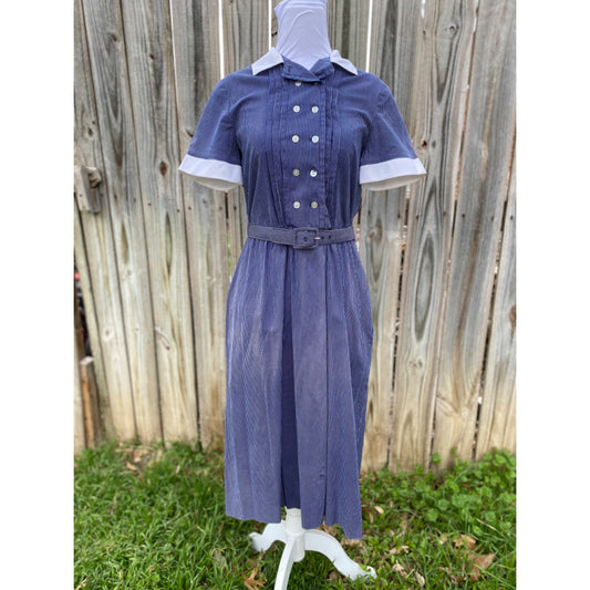 70's David Warren New York Blue Pinstripe Dress & Belt Set