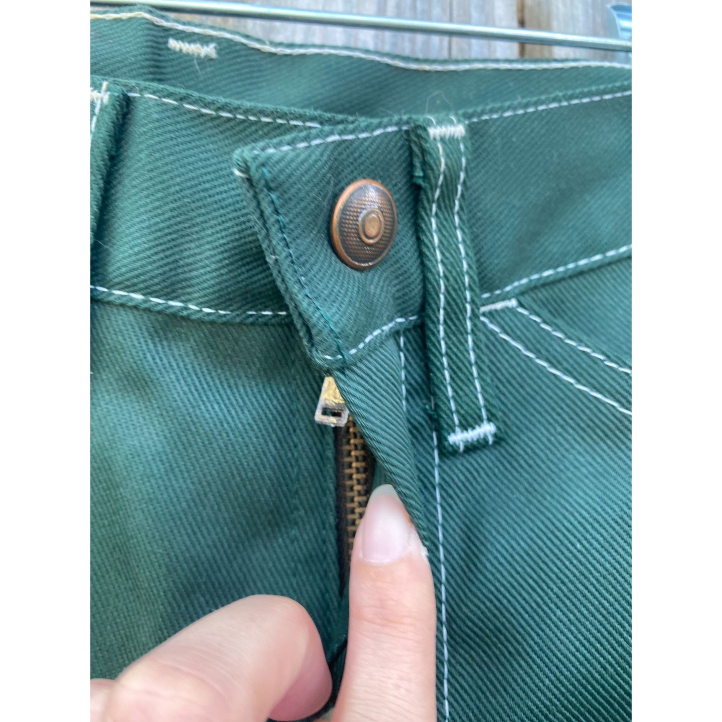 Deadstock 70's JCPenney Green 10oz Denim Western Jeans Flare Bottom 7 Slim