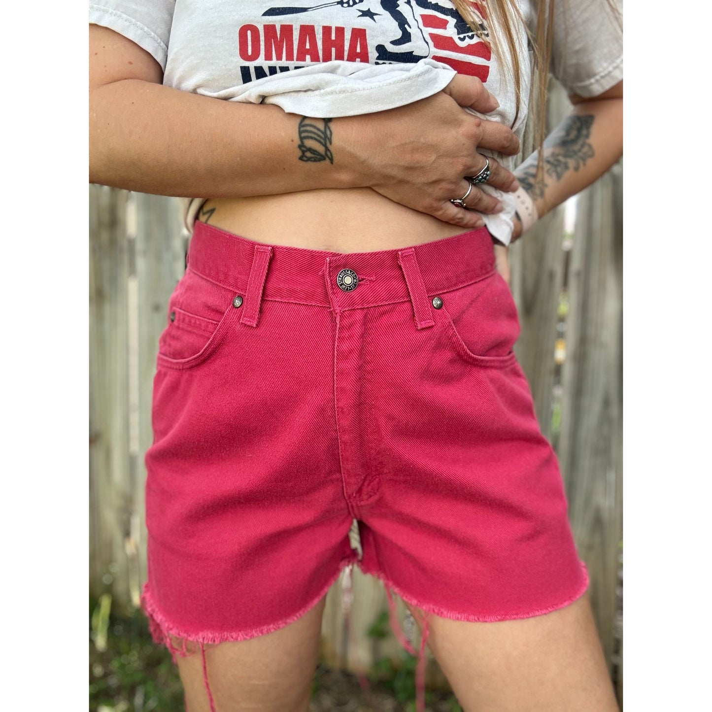 80's Levi's Native Blue Hot Pink Cut Off Raw Hem Denim Jean Shorts 9