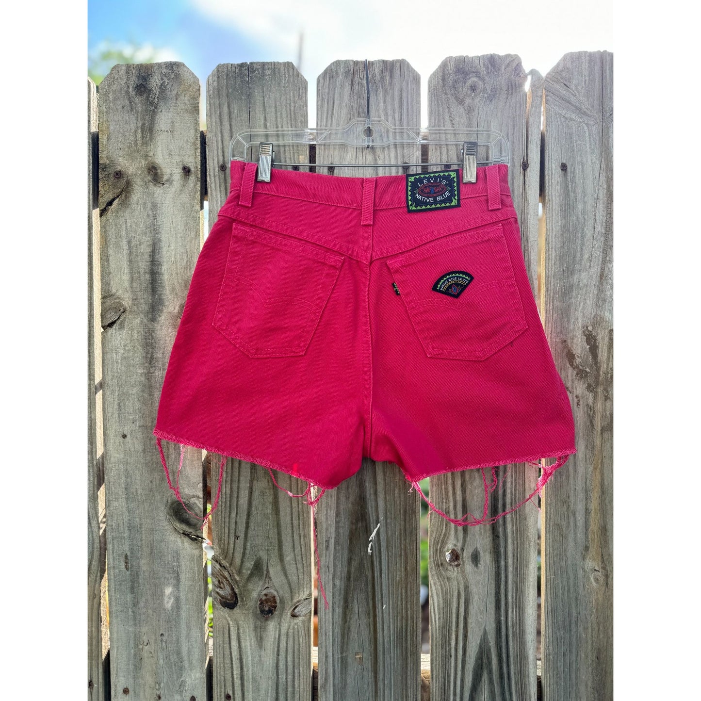 80's Levi's Native Blue Hot Pink Cut Off Raw Hem Denim Jean Shorts 9