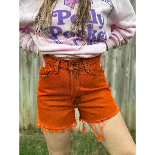 97' Levi's 512 Slim Fit Orange Cut Off Raw Hem Denim Jean Shorts 9