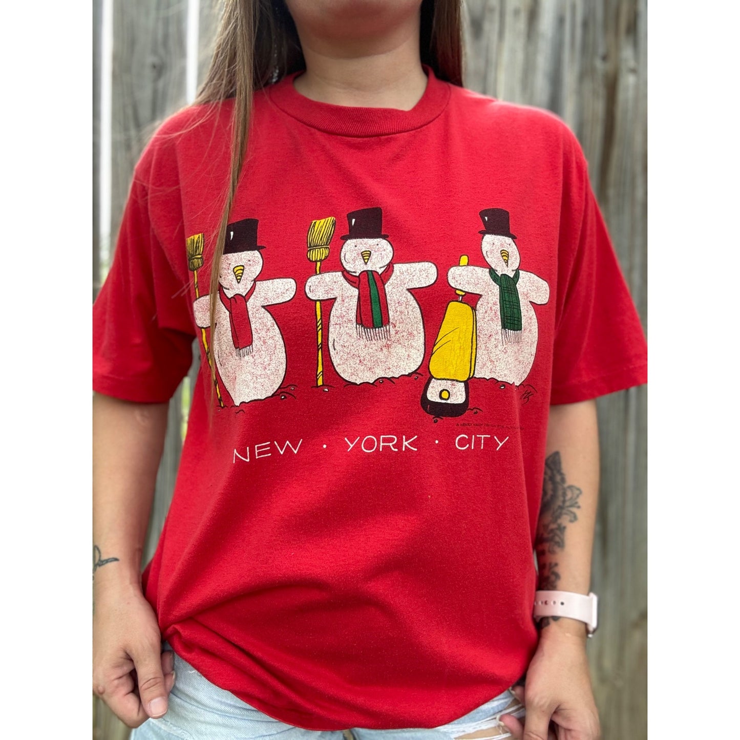 80's New York City Snowman Christmas Single Stitch Tee T-Shirt Large