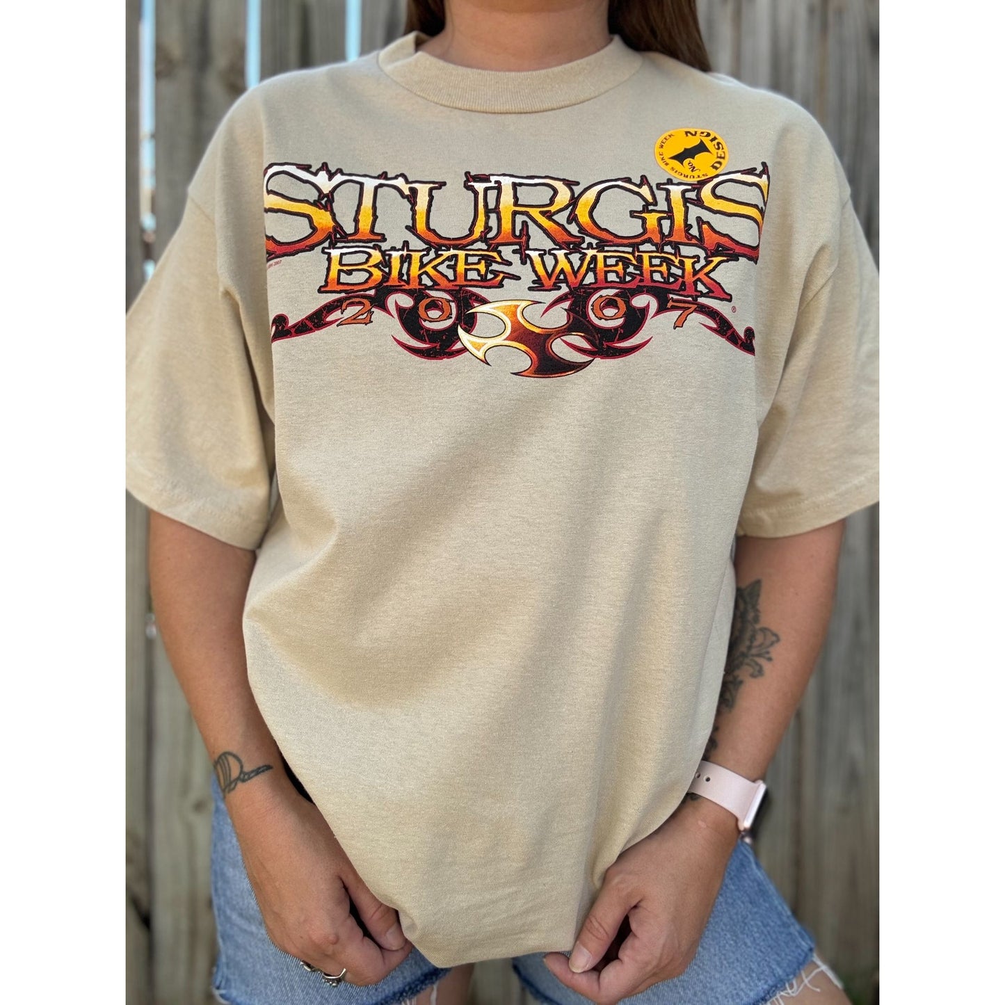 NWT 2007 Sturgis Bike Week Pork Chop Hogg Tan Motorcycle Graphic Tee Medium