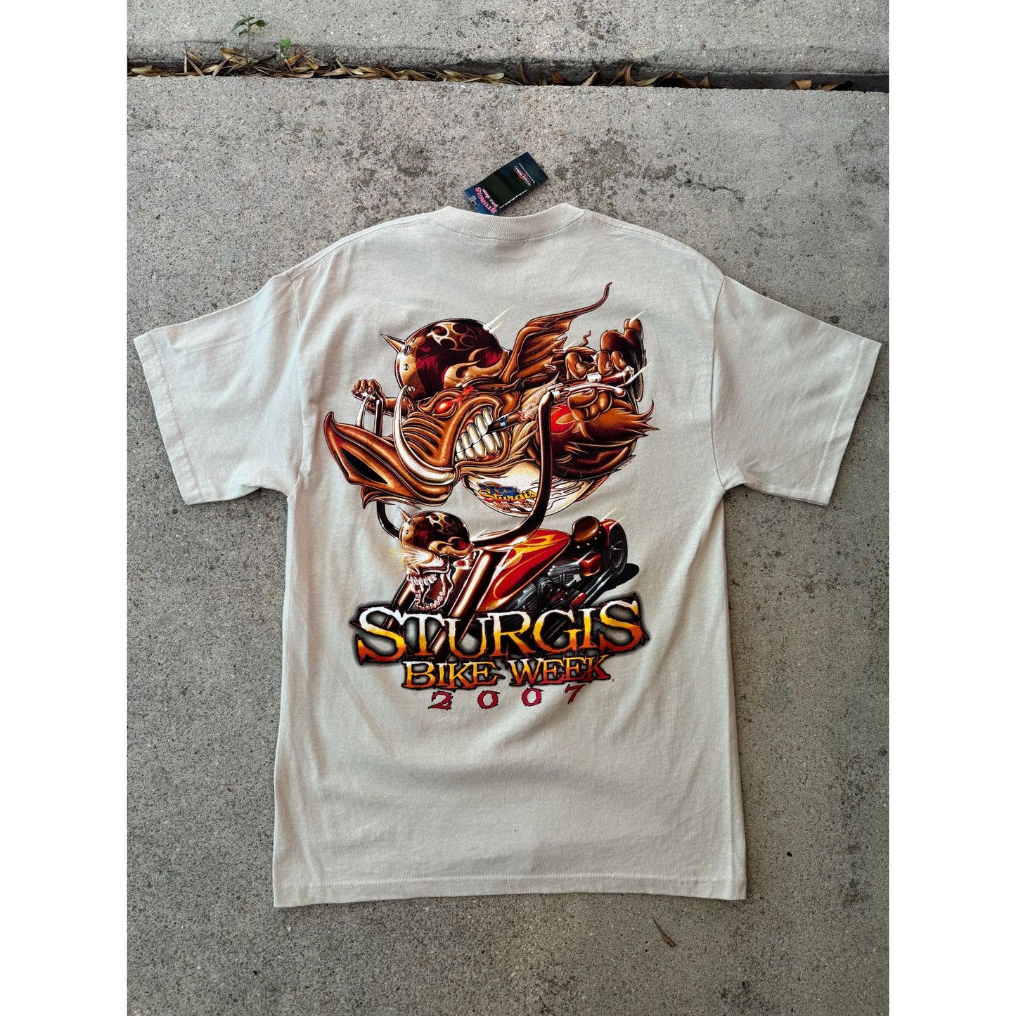 NWT 2007 Sturgis Bike Week Pork Chop Hogg Tan Motorcycle Graphic Tee Medium