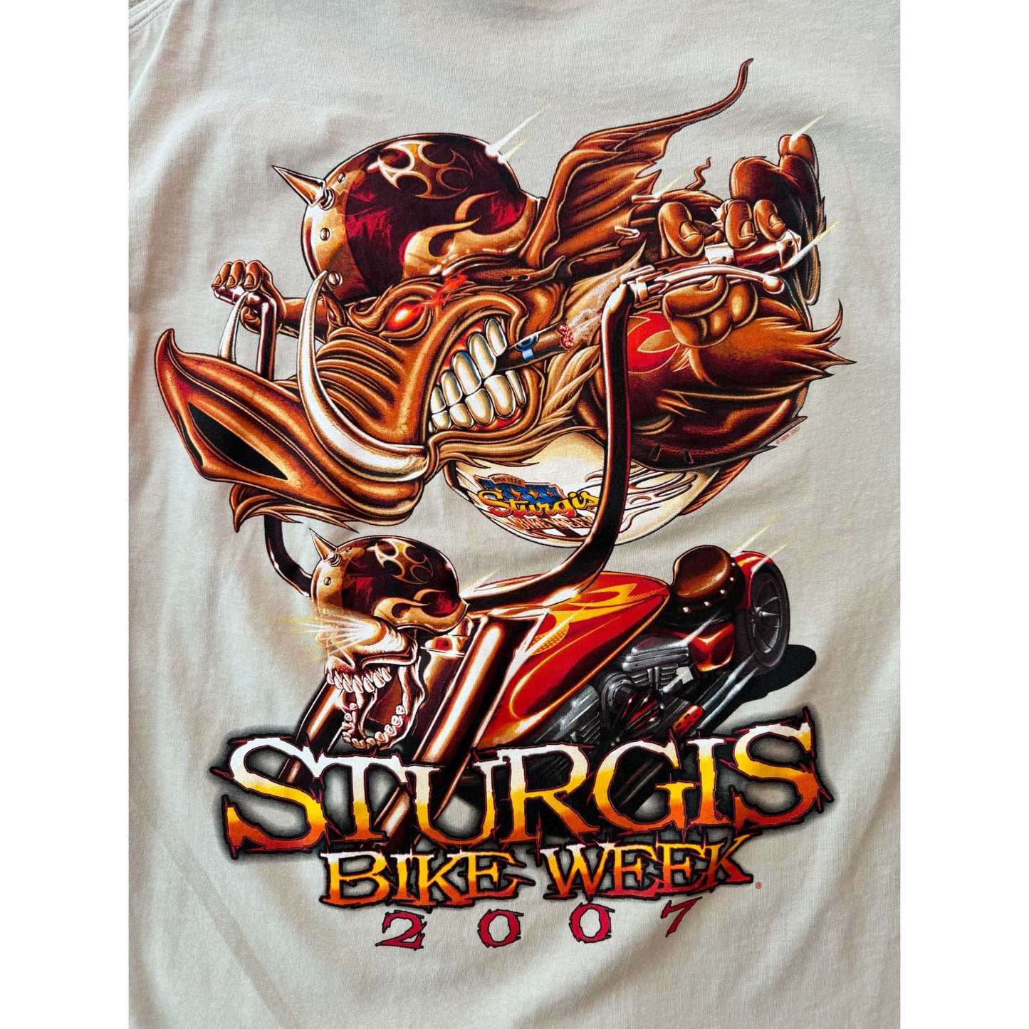 NWT 2007 Sturgis Bike Week Pork Chop Hogg Tan Motorcycle Graphic Tee Medium