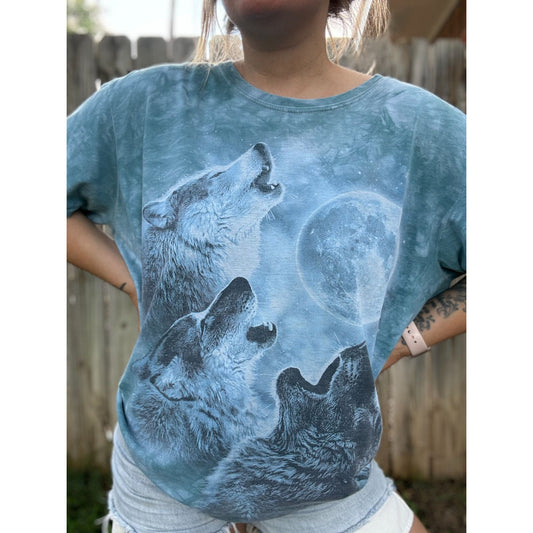 07' Howling Wolf Moon Blue Tie Dye Animal Graphic Tee T-Shirt Large