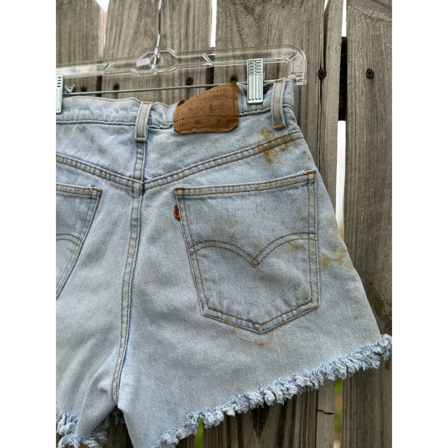 94' Levi's 560 Loose Fit Orange Tab Cut Off Raw Hem Denim Jean Shorts 27