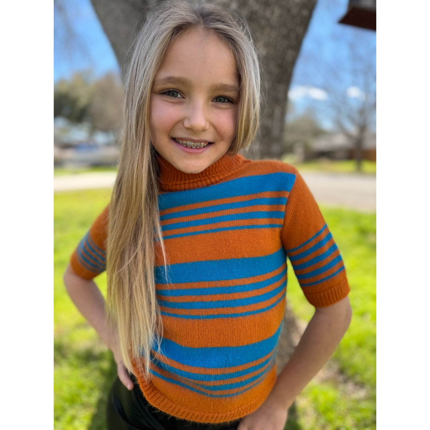 70's Talk-Abouts Girl's Orange Short Sleeve Striped Sweater
